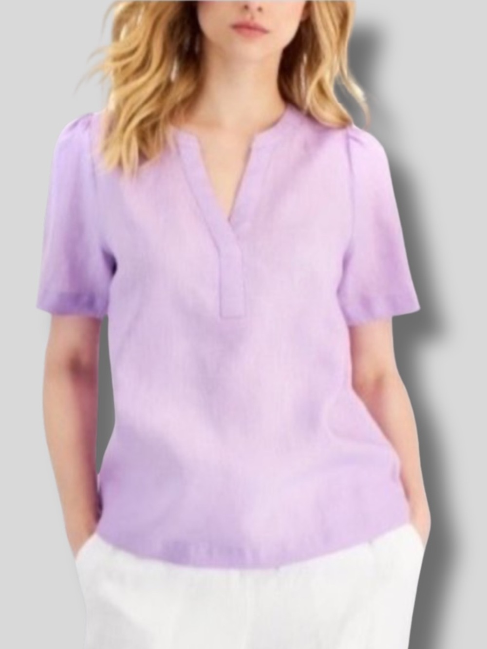 NWT Charter Club Luxury Linen Freesia Dusk Short Sleeve Split Neck Beige Blouse